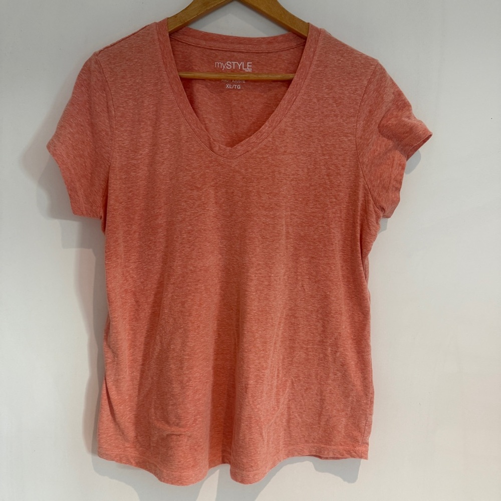My Style Women Orange V Neck Short Sleeves Pullover Fitted T Shirt Size XL